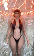 Black strappy bikini with sparkly halter-style top, sleeveless festival outfit