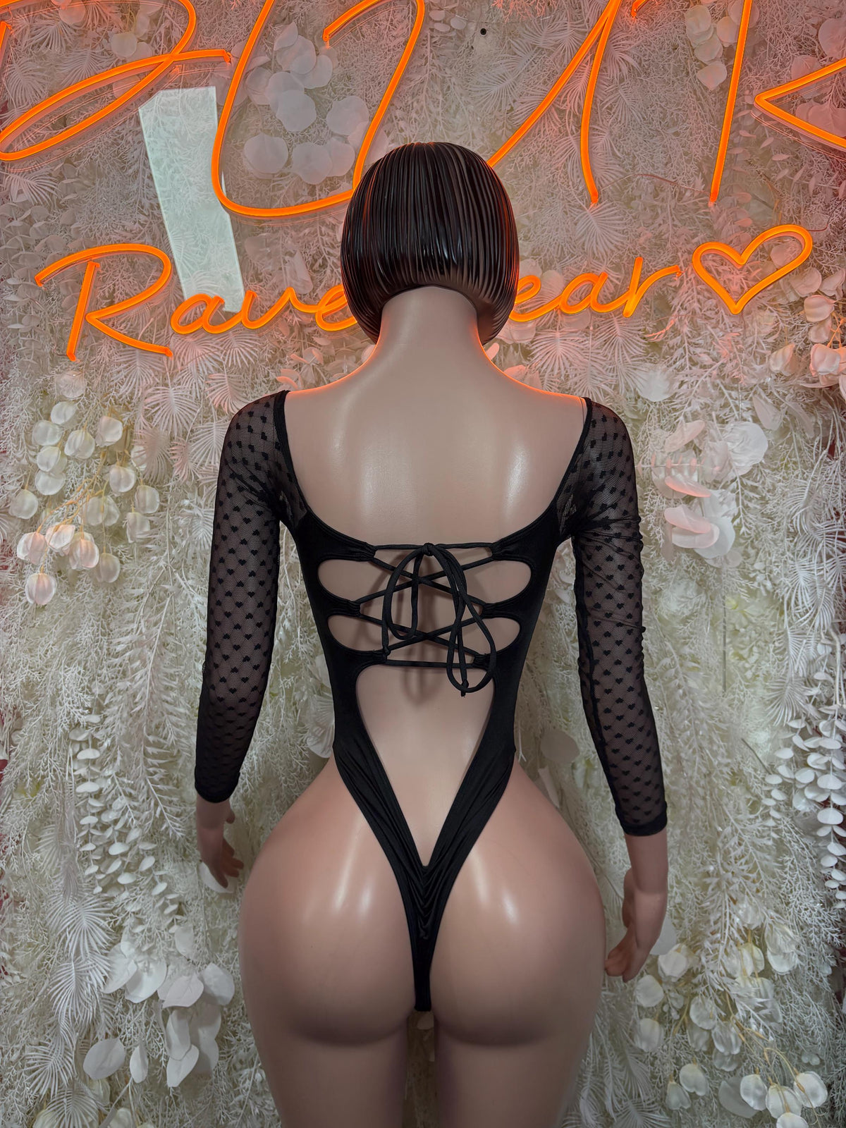 Black heart mesh bodysuit with long sleeves, open back lace-up