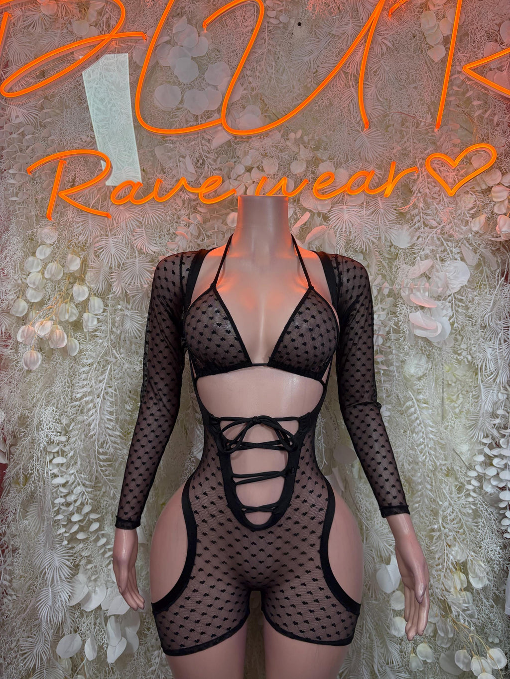 Black heart mesh lace-up long-sleeve bodysuit with cutout front and short romper bottom