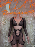 Black heart mesh lace-up long-sleeve bodysuit with cutout front and short romper bottom
