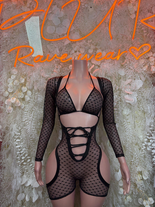 Black heart mesh lace-up long-sleeve bodysuit with cutout front and short romper bottom