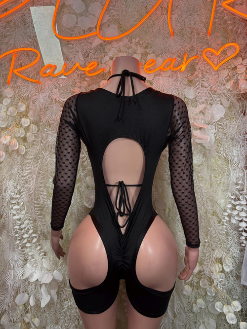 Black heart mesh one-piece bodysuit, long sleeves, strappy lace-up back and cutout