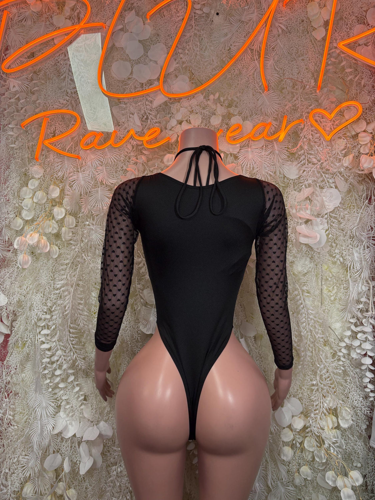 Bottlegirl black heart mesh bodysuit with open back and lace-up neckline, long sleeves