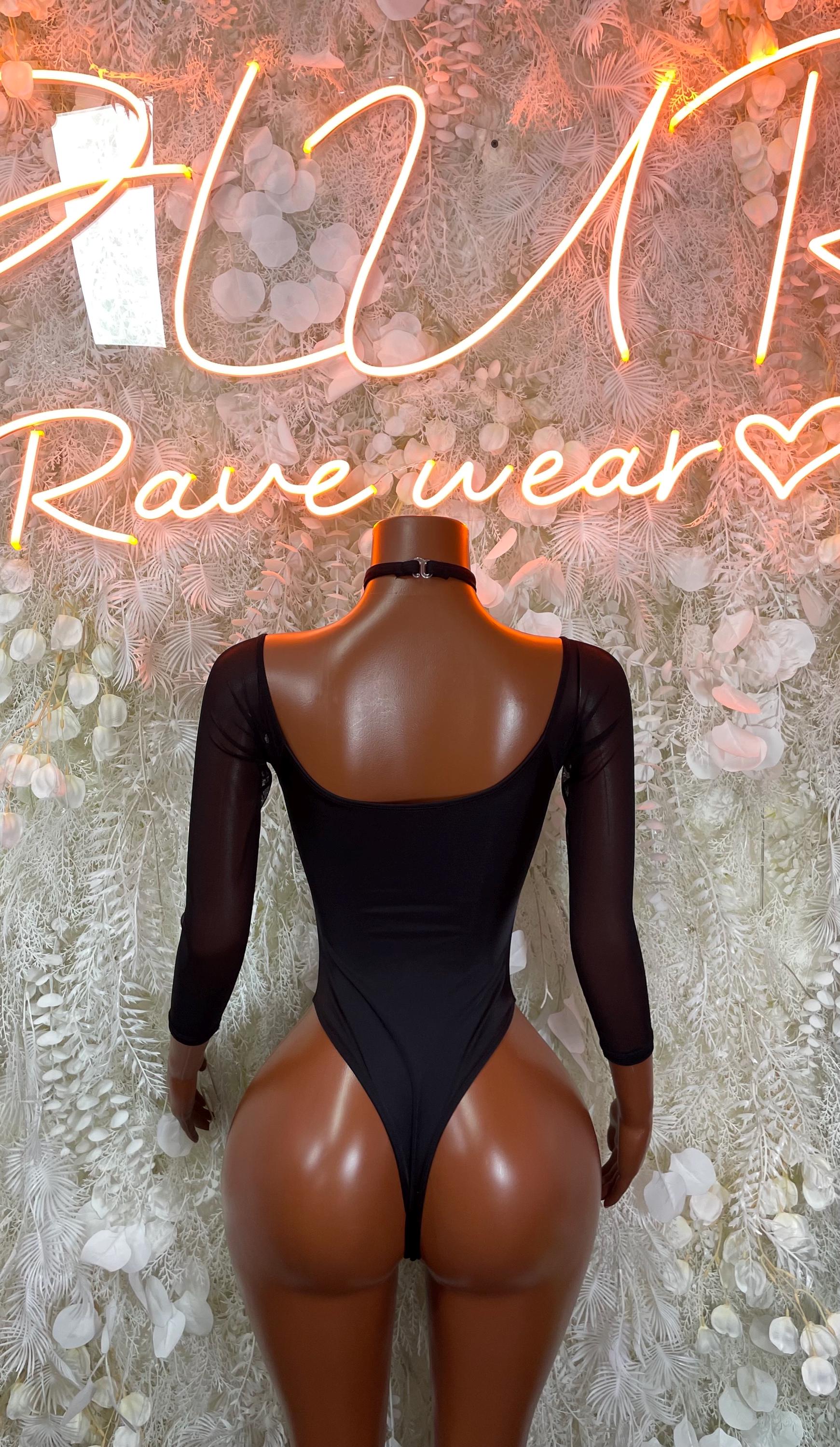 Black mesh bodysuit with choker, long sleeves, open-back one-piece