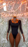 Black mesh bodysuit with choker, long sleeves, one-piece dance outfit