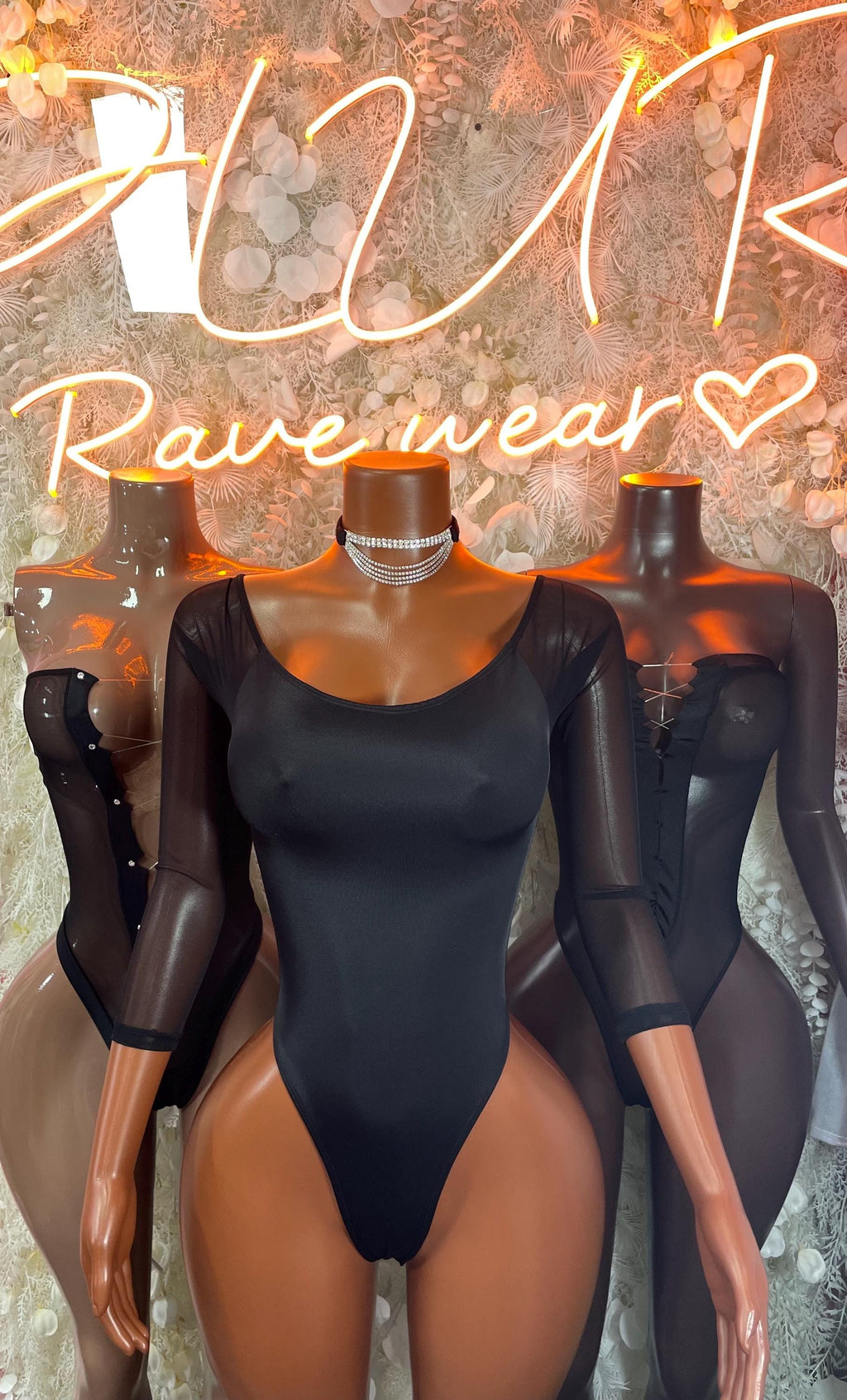 Black mesh bodysuit with choker, long sleeves, one-piece front view