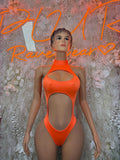 Orange cutout halter bodysuit, sleeveless one-piece with high-cut leg openings