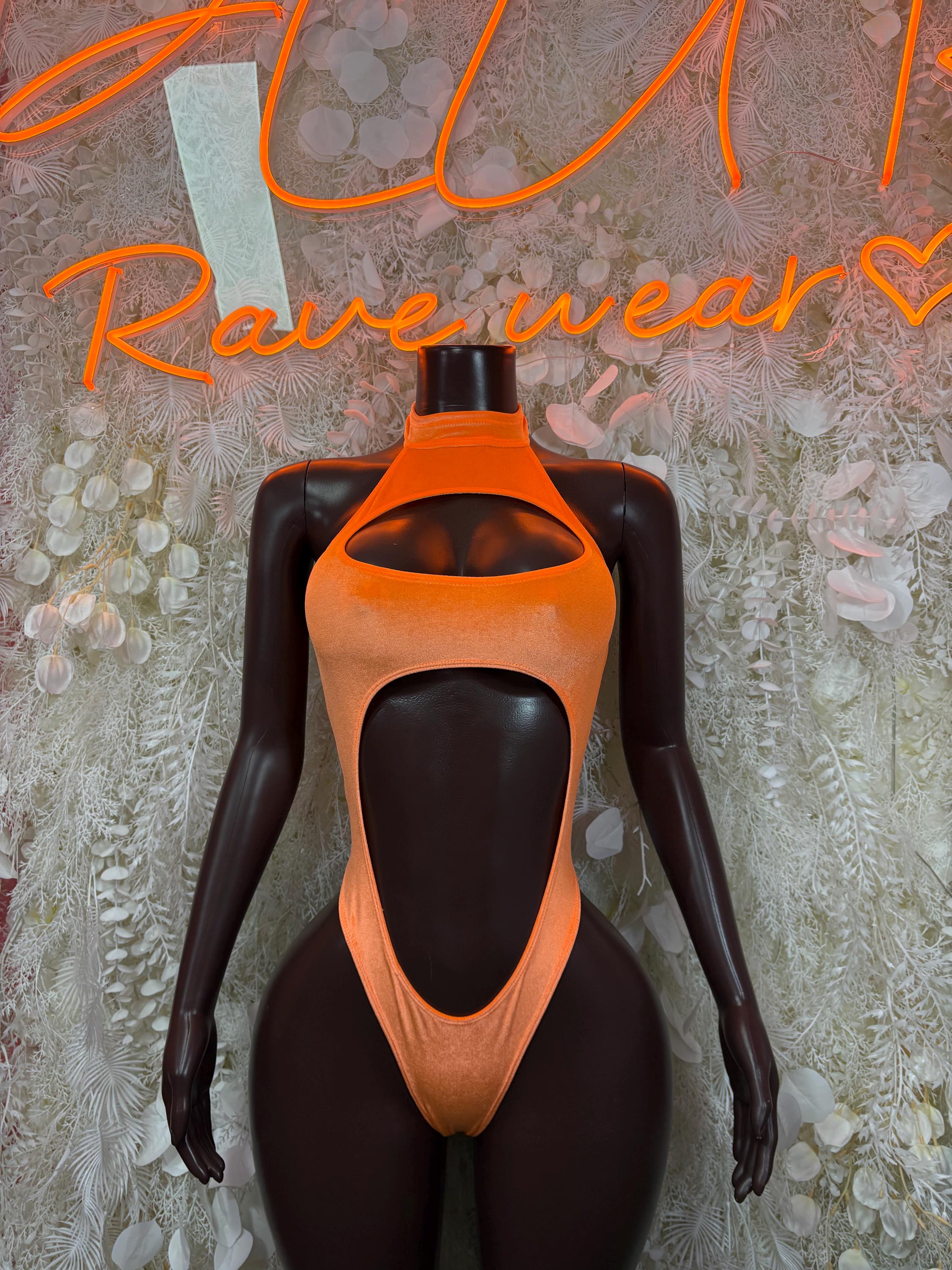 Orange and black halter bodysuit with deep V front cutout and long torso coverage
