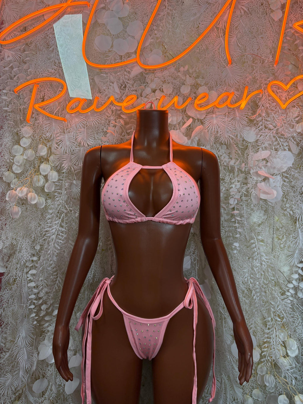 Pink rhinestone bikini set with triangle bra and tie-side thong bottoms