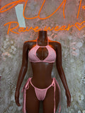 Pink rhinestone bikini set with triangle bra and tie-side thong bottoms