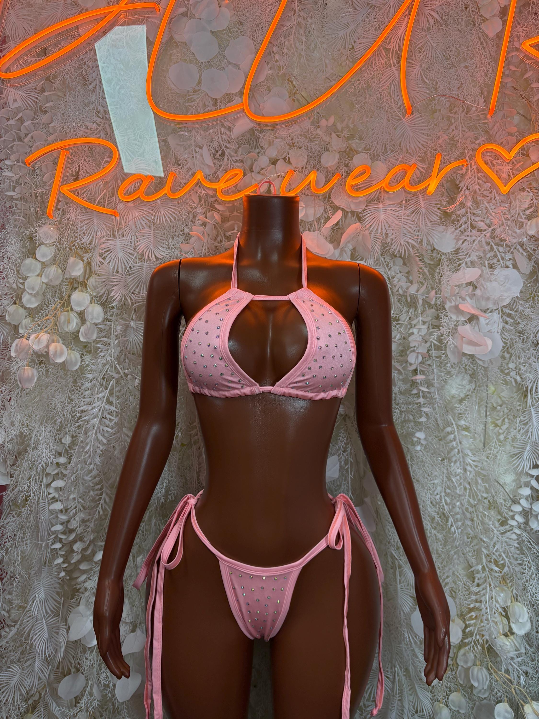 Pink rhinestone bikini set with triangle bra and tie-side thong bottoms