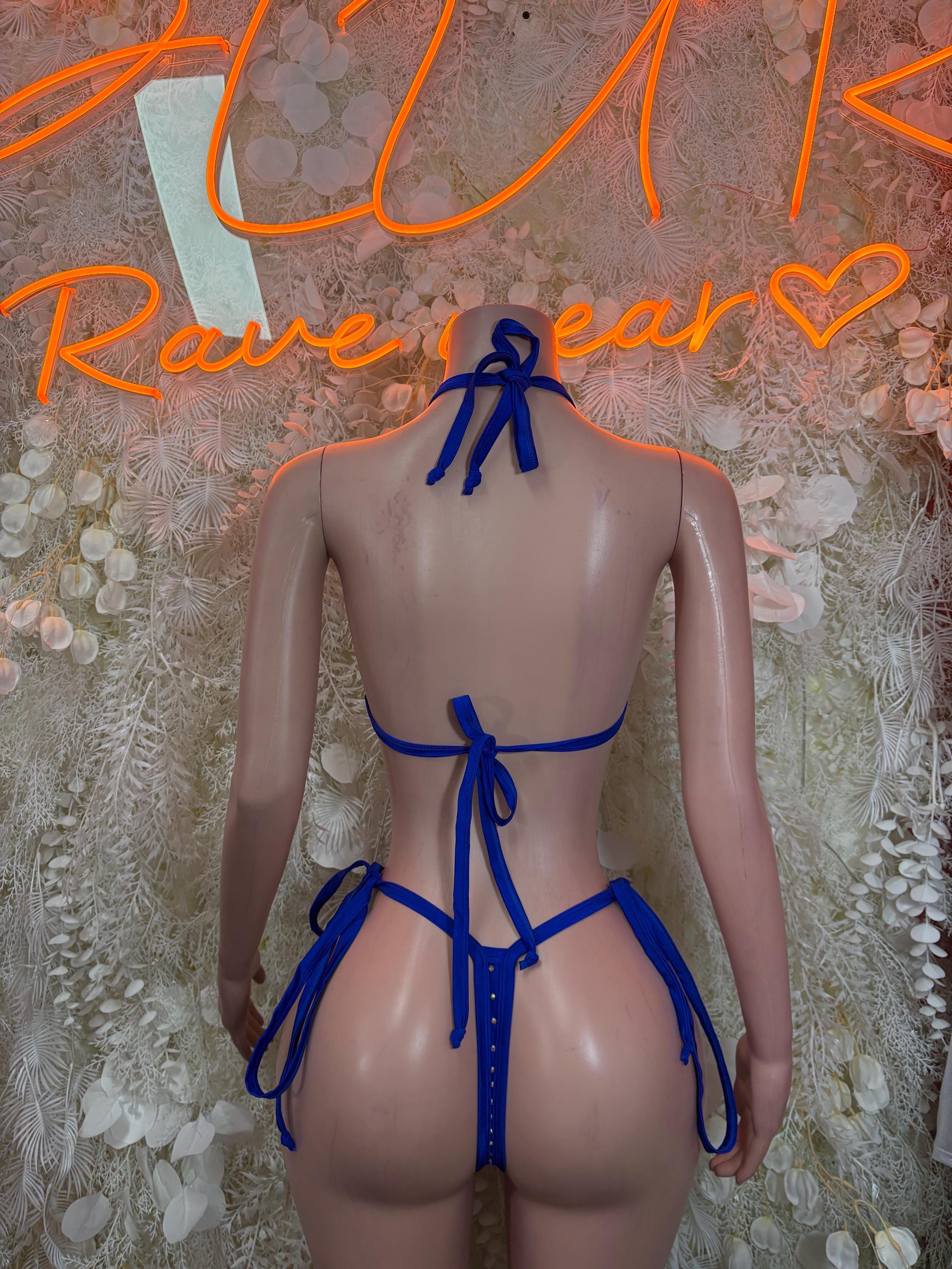Blue rhinestone bikini set with back tie straps and high-cut matching bottoms
