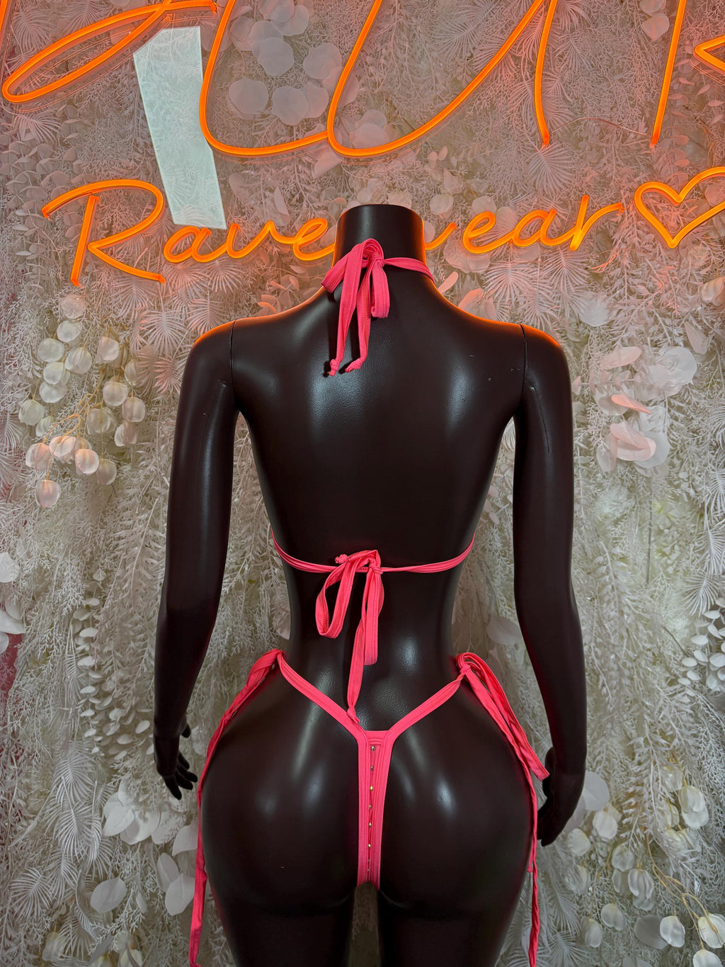 Coral pink rhinestone bikini set with strappy back and triangle bottoms