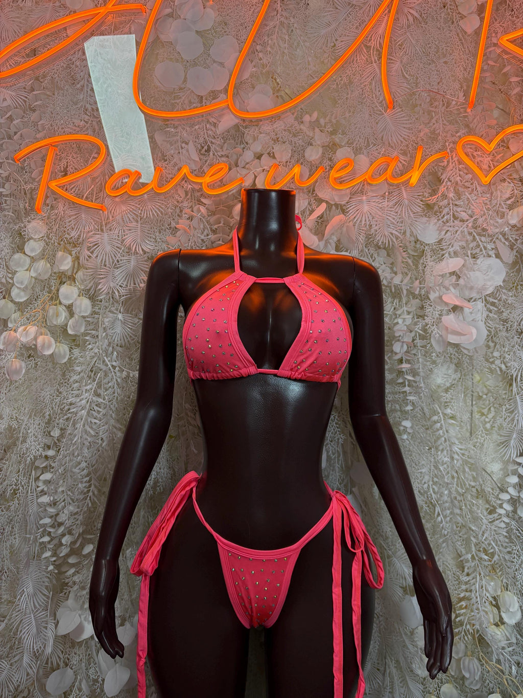 Coral pink rhinestone bikini set with triangle bra and tied back bottoms