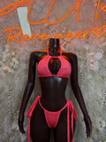 Coral pink rhinestone bikini set with triangle bra and tied back bottoms