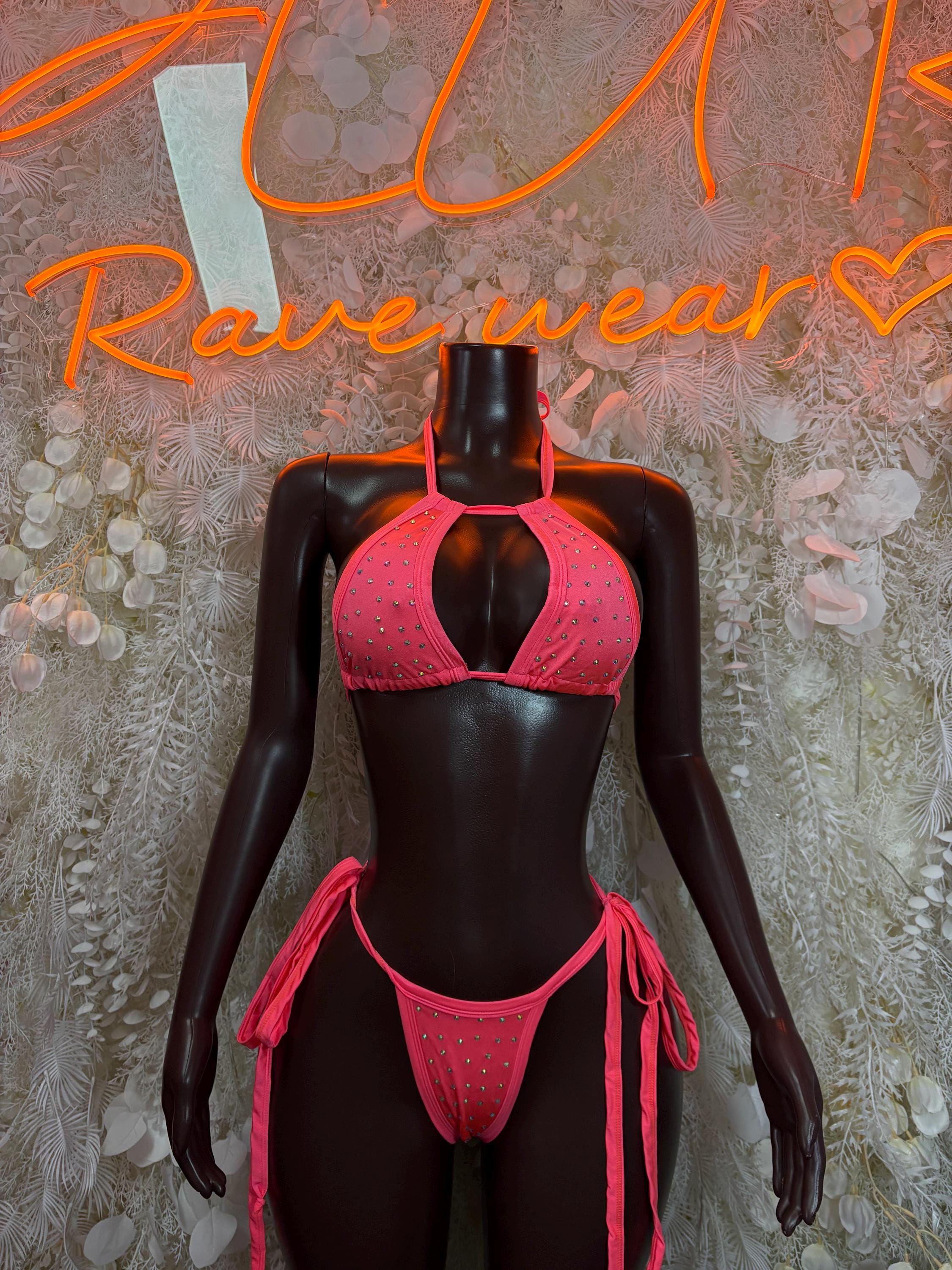 Coral pink rhinestone bikini set with triangle bra and tied back bottoms