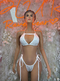 White rhinestone bikini set with triangle bra and matching tie-back bottoms