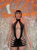 Black rhinestone halter bodysuit with deep V front and cutout strap sides