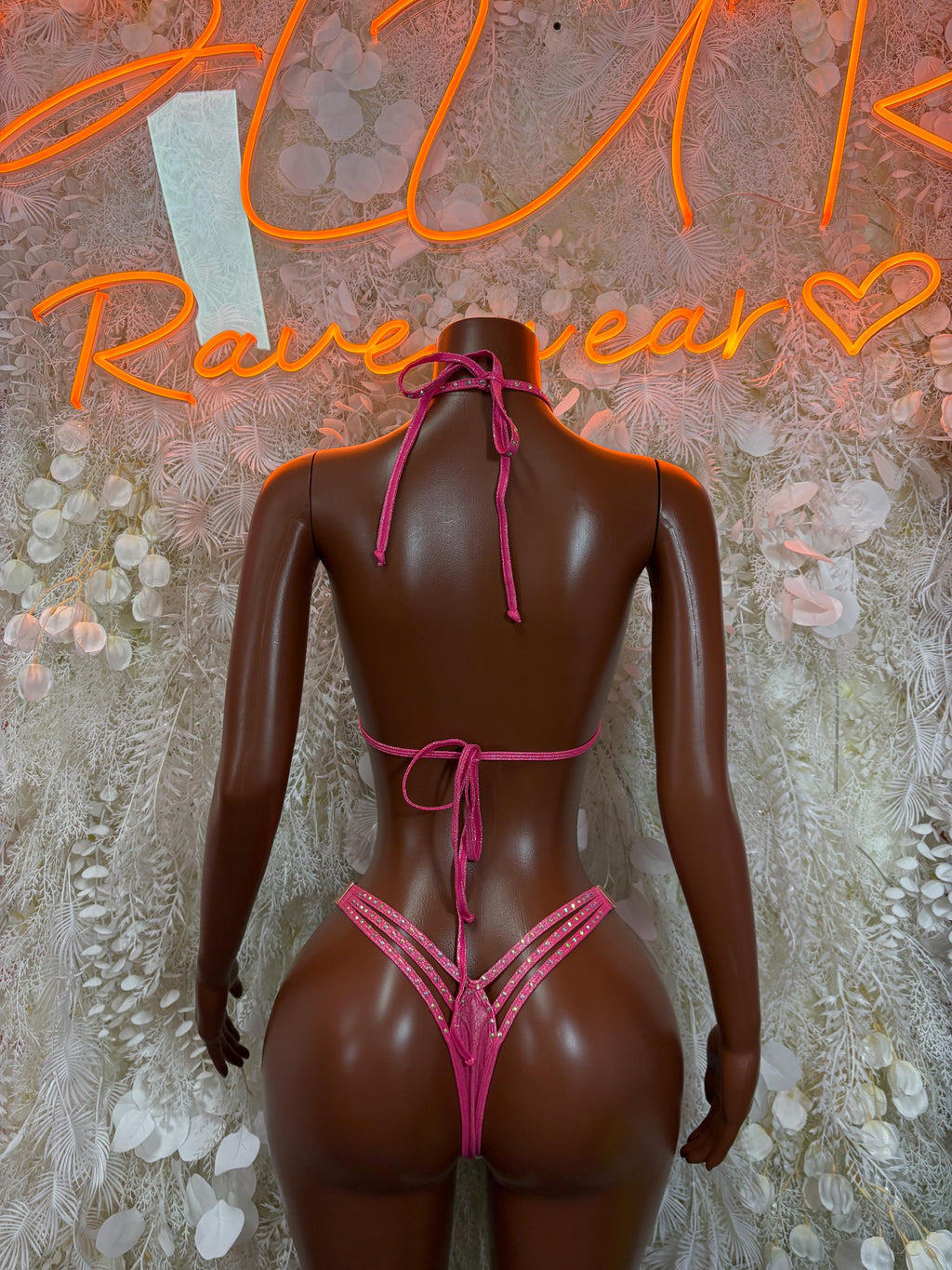 Pink rhinestone two-piece bikini set with tie-back top and strappy hip bottoms (back)