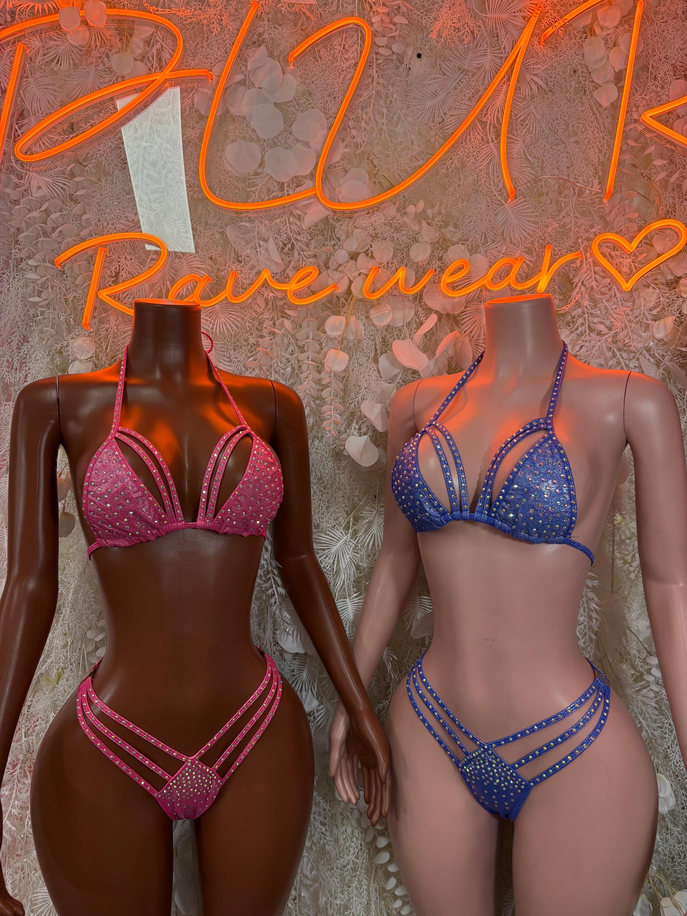 Rhinestone bikini set duo: pink and blue triangle bras with matching bottoms