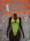 Neon green rhinestone bodysuit with keyhole cutout and racerback straps