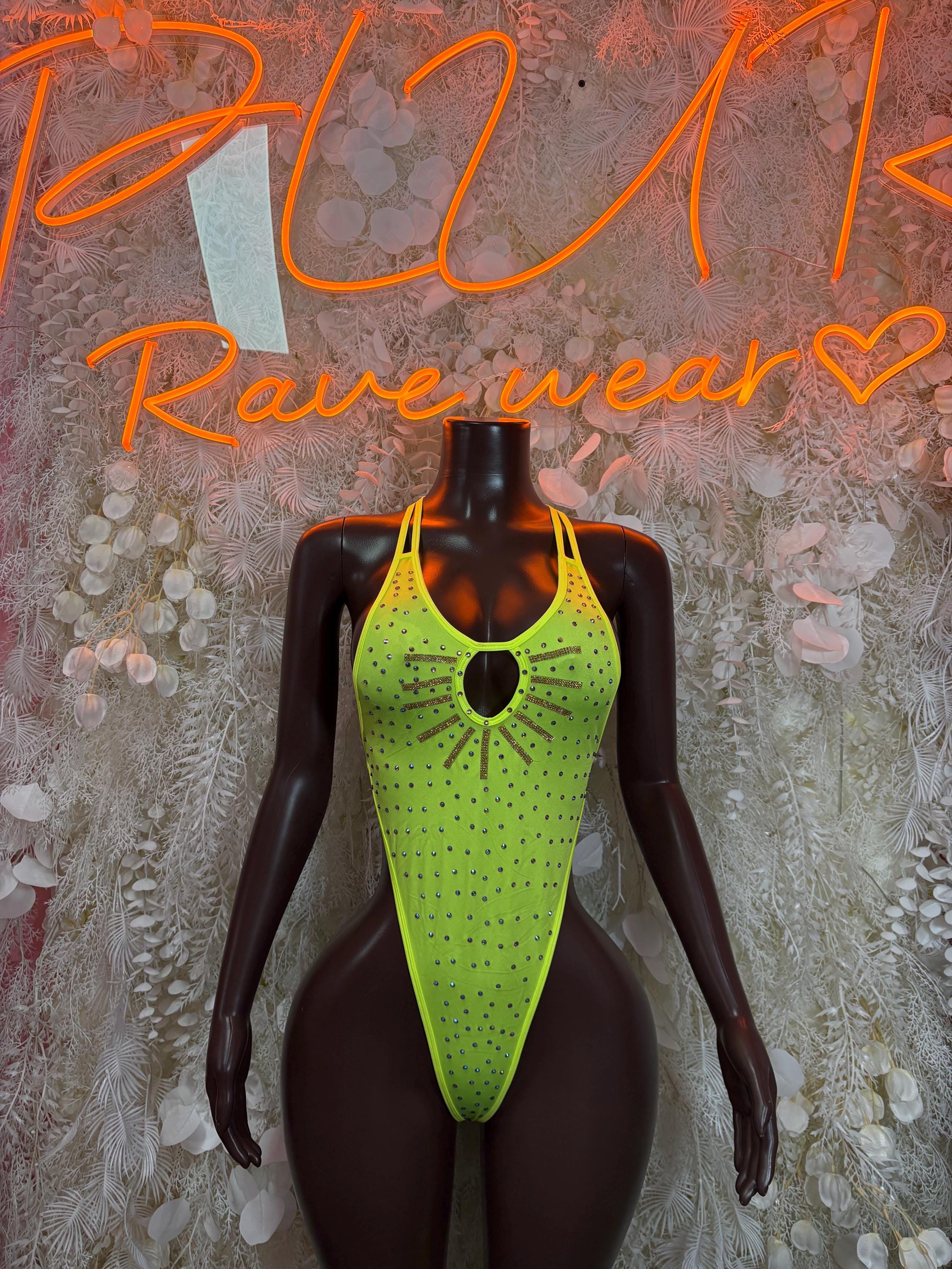 Neon green rhinestone bodysuit with keyhole cutout and racerback straps