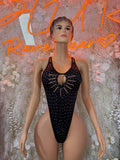 Black rhinestone one-piece bodysuit with keyhole front and tank straps