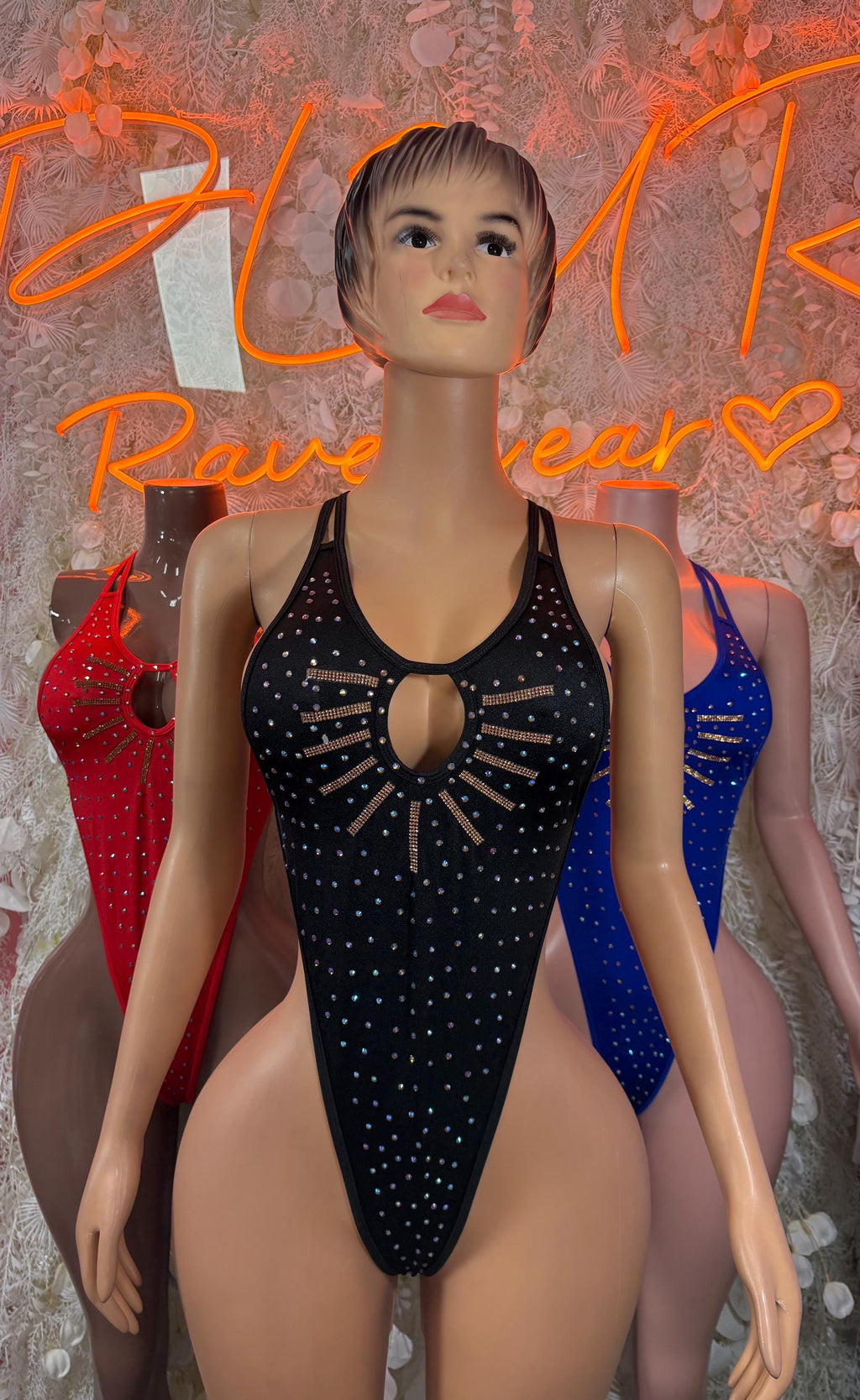 Black rhinestone one-piece bodysuit with keyhole front and wide tank straps