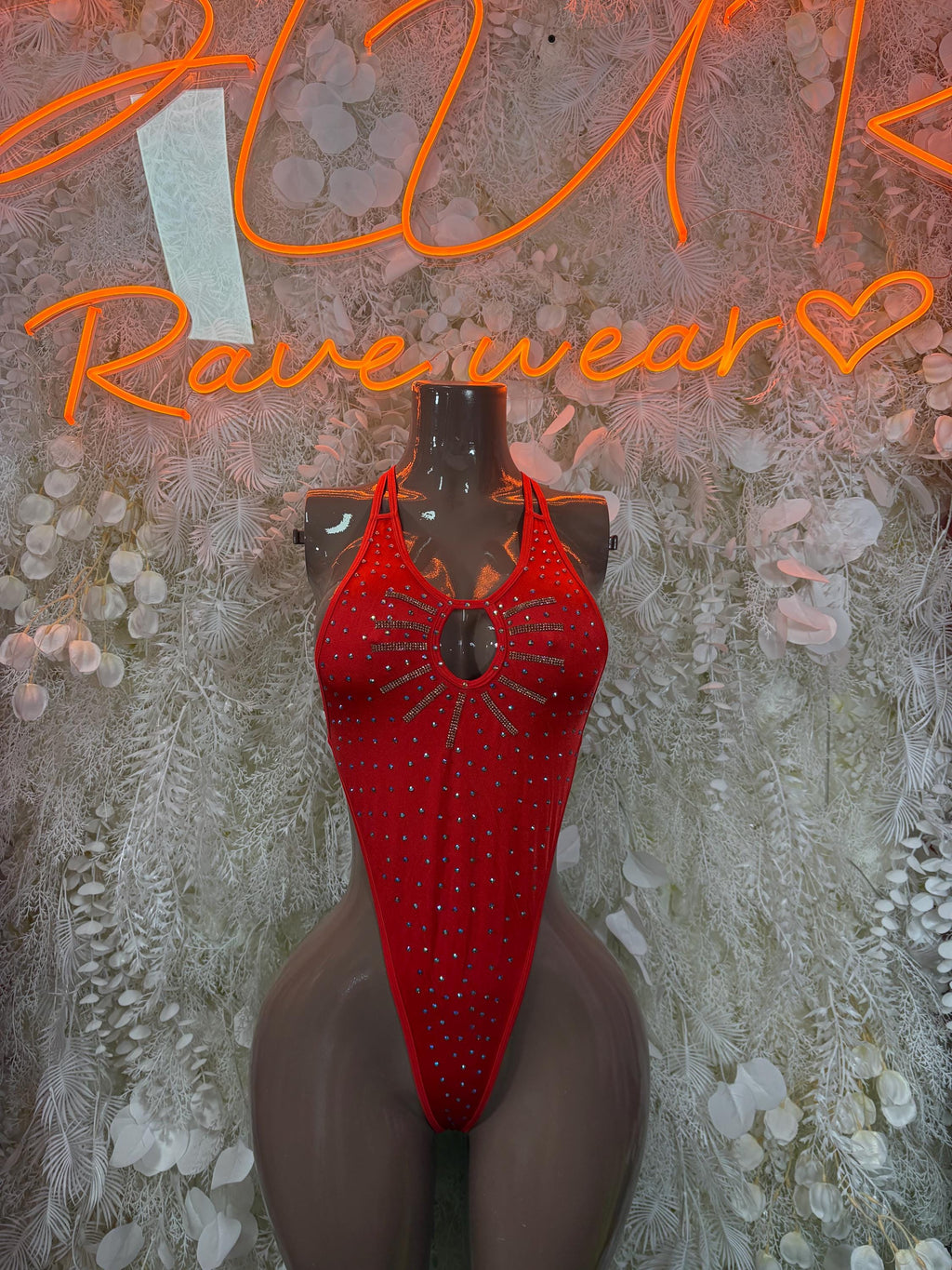 Red rhinestone festival bodysuit with scoop neckline and central ring detail