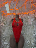 Red rhinestone festival bodysuit with scoop neckline and central ring detail