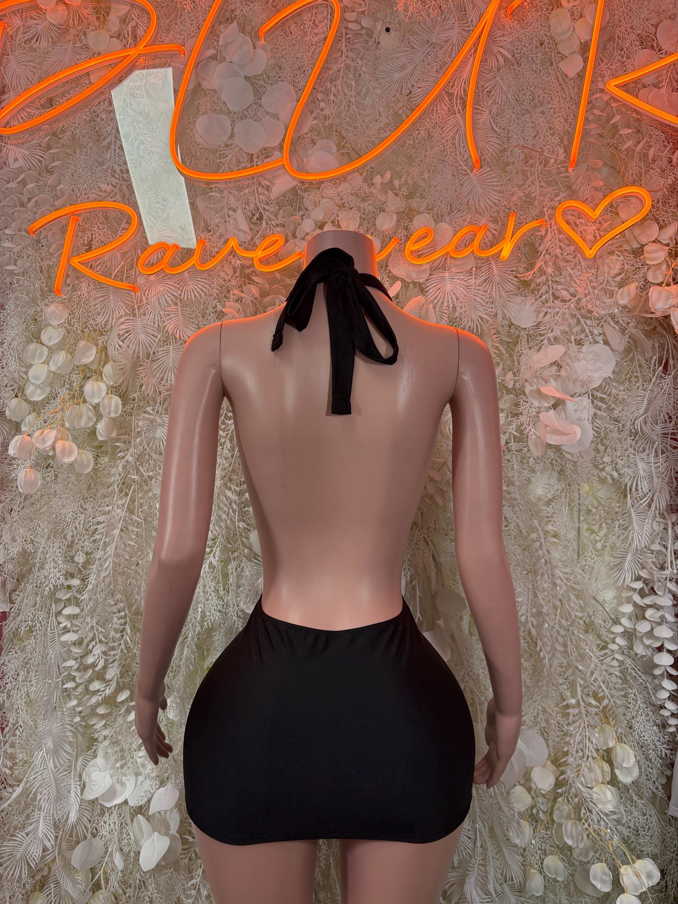 Black backless halter rave dress with bow tie at the back