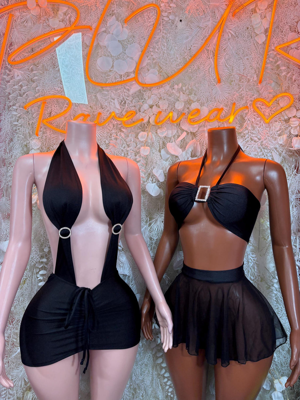 Black halter rave dress front and side view with mesh skirt and O-ring detailing