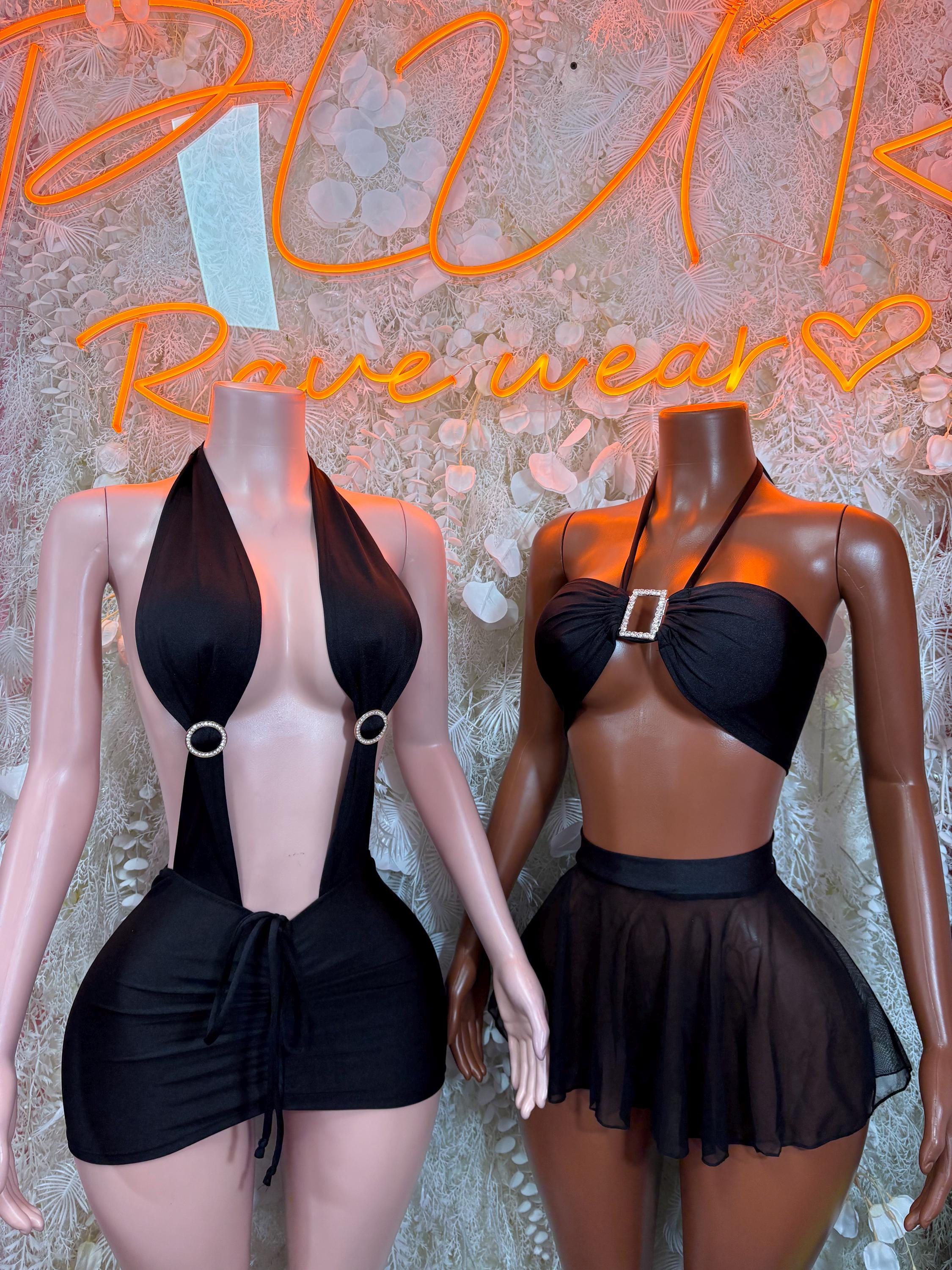 Black halter rave dress front and side view with mesh skirt and O-ring detailing