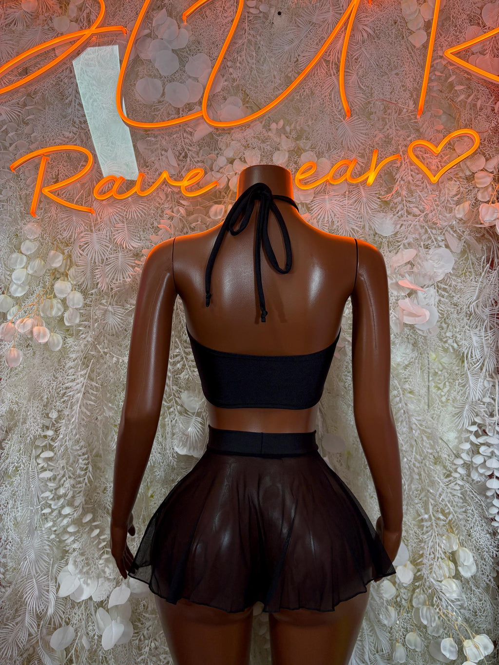 Black rave skirt set with halter bra back tie and short pleated ruffle skirt