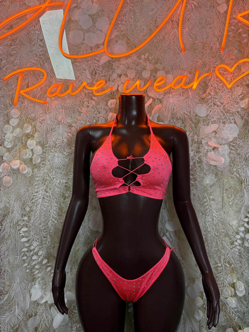 Rhinestone coral bikini set with crisscross lace-up bra and matching bikini bottoms