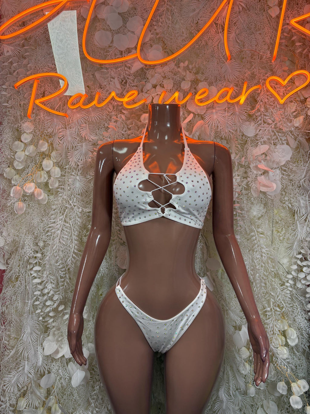 White rhinestone bikini set with halter top and string-tie thong bottom