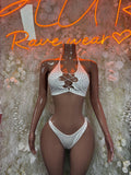 White rhinestone bikini set with halter top and string-tie thong bottom