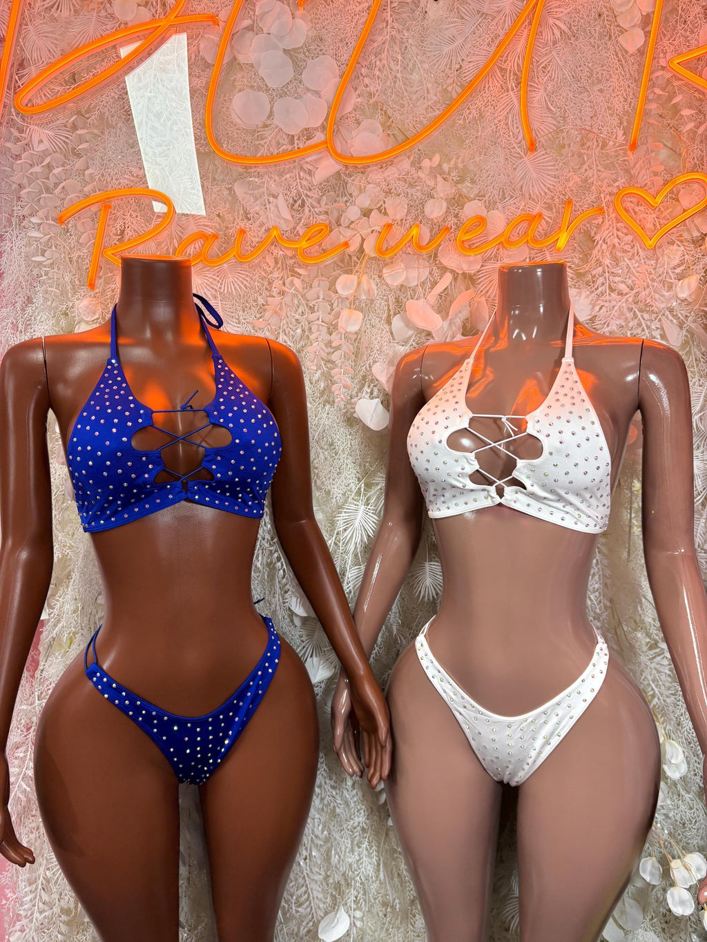 Blue and white rhinestone bikini sets, halter tops with matching string bottoms