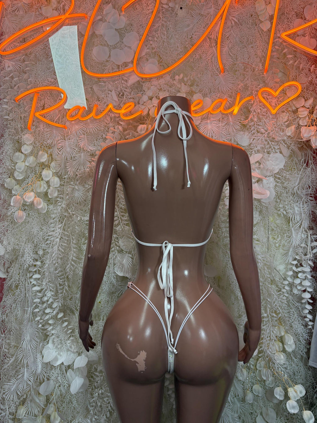 White rhinestone bikini set, back view with crisscross straps and tie closures