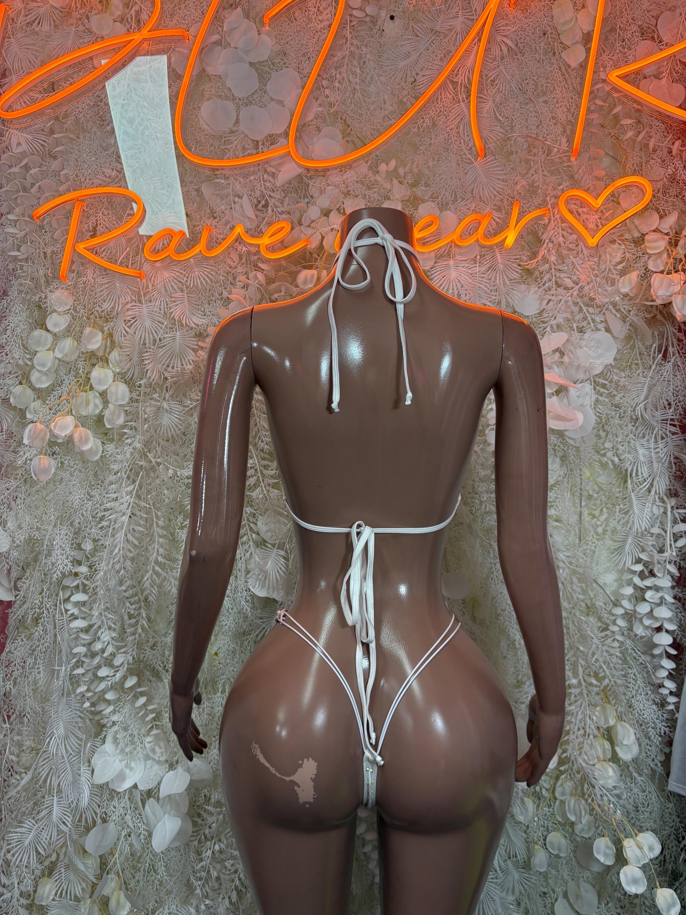 White rhinestone bikini set, back view with crisscross straps and tie closures