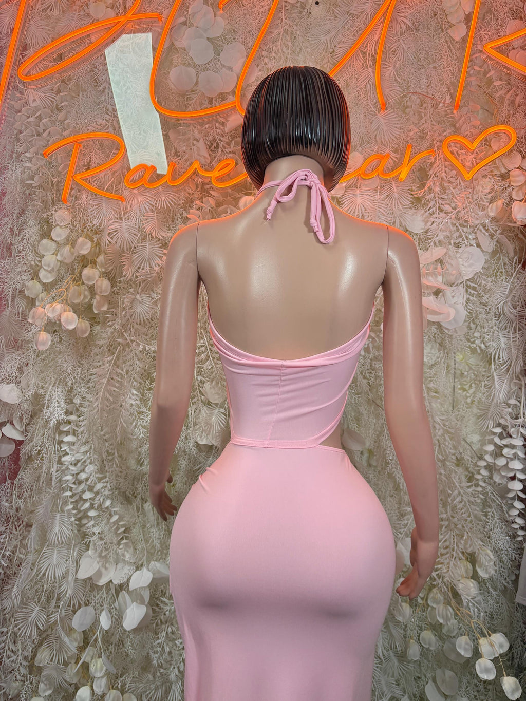 Pink halter mini dress, open back with tied bow and ruched back drape
