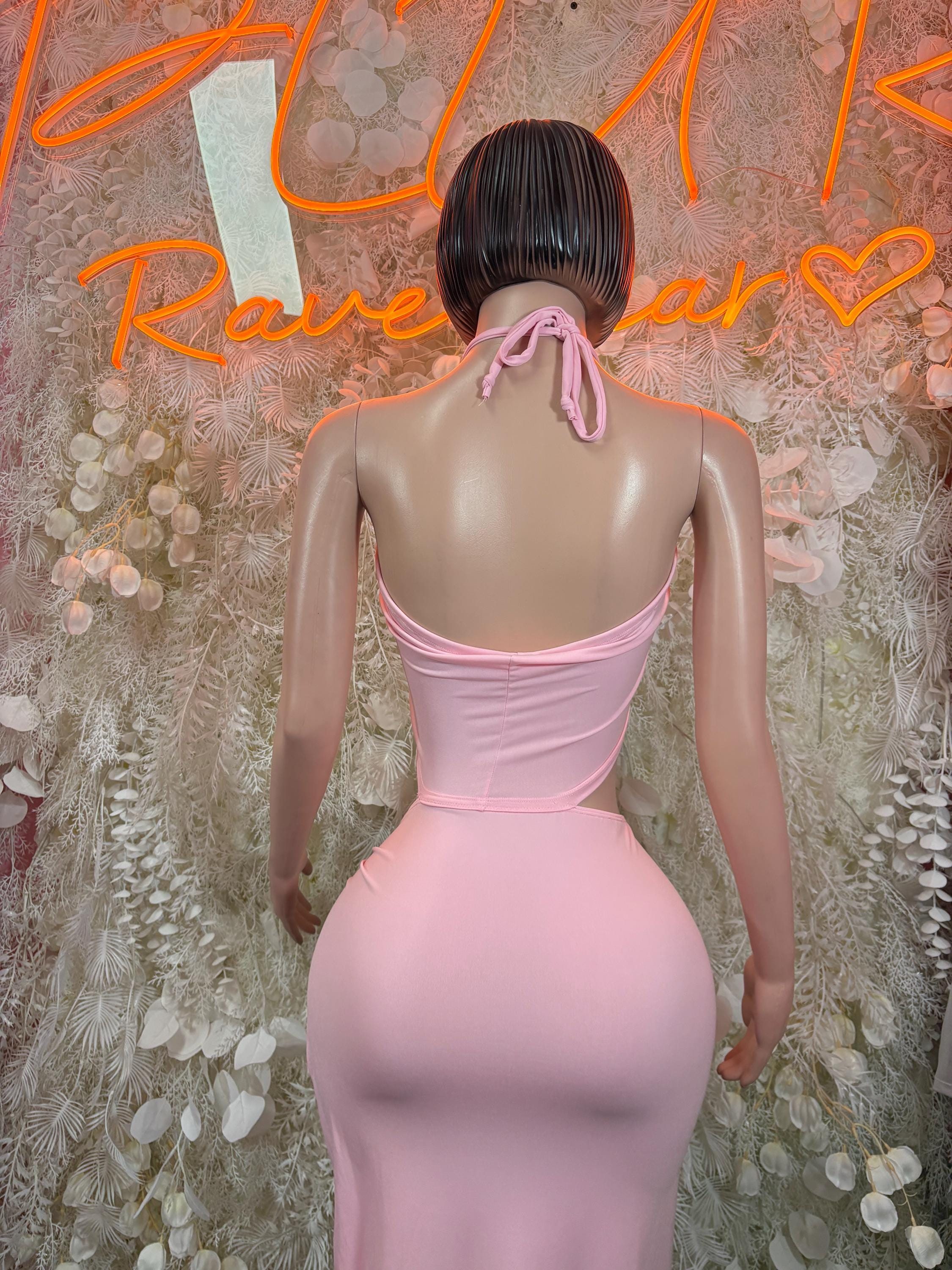 Pink halter mini dress, open back with tied bow and ruched back drape