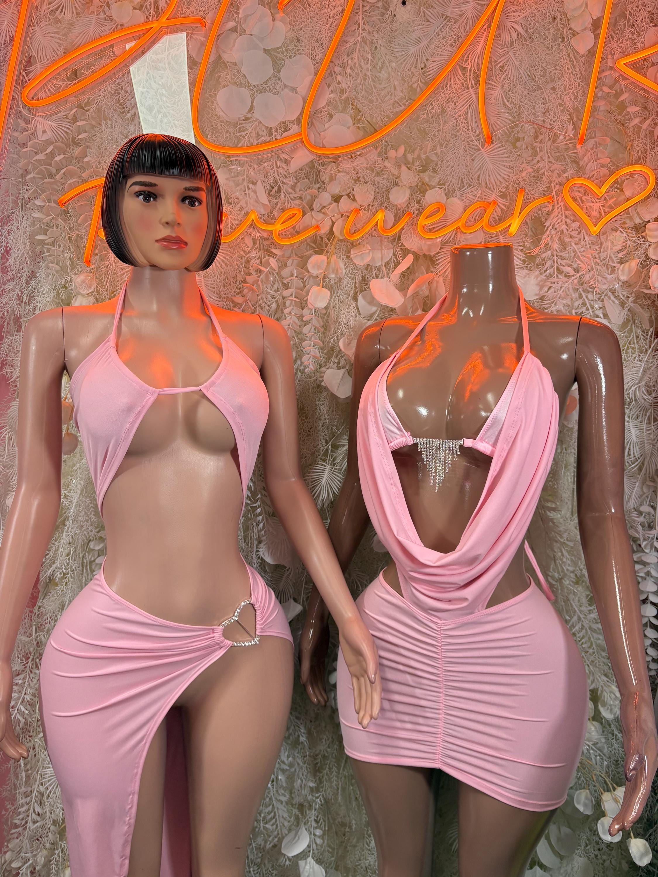 Pink halter mini dress set, front and back views with ruched drape and heart clasp