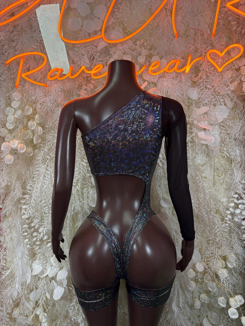Black metallic blue bodysuit with lace-up front, high-cut bottoms