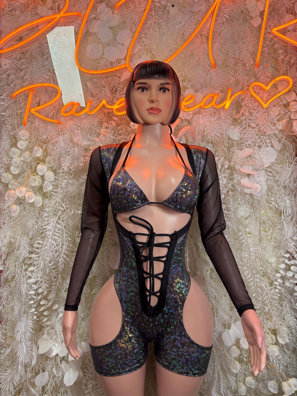 Holographic blue-black lace-up one-piece bodysuit with mesh long sleeves and cutouts