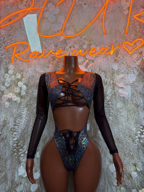 Black sheer-sleeve metallic blue bodysuit with lace-up front and thong cut