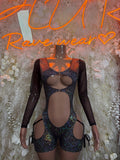 Black long-sleeve metallic bodysuit with plunge neckline and side cutouts