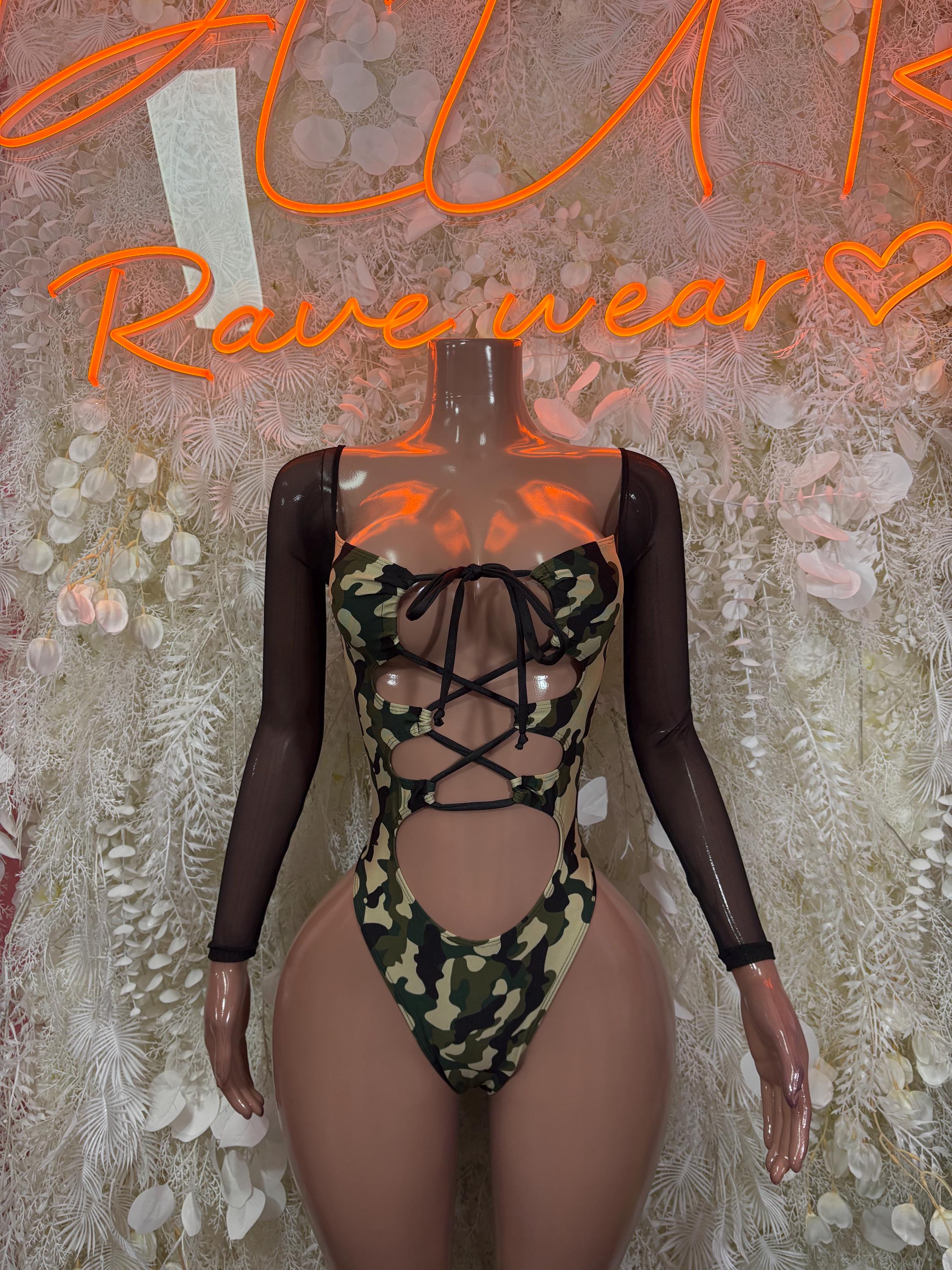 Camo print bodysuit with lace-up front, black mesh long sleeves, cutout waist