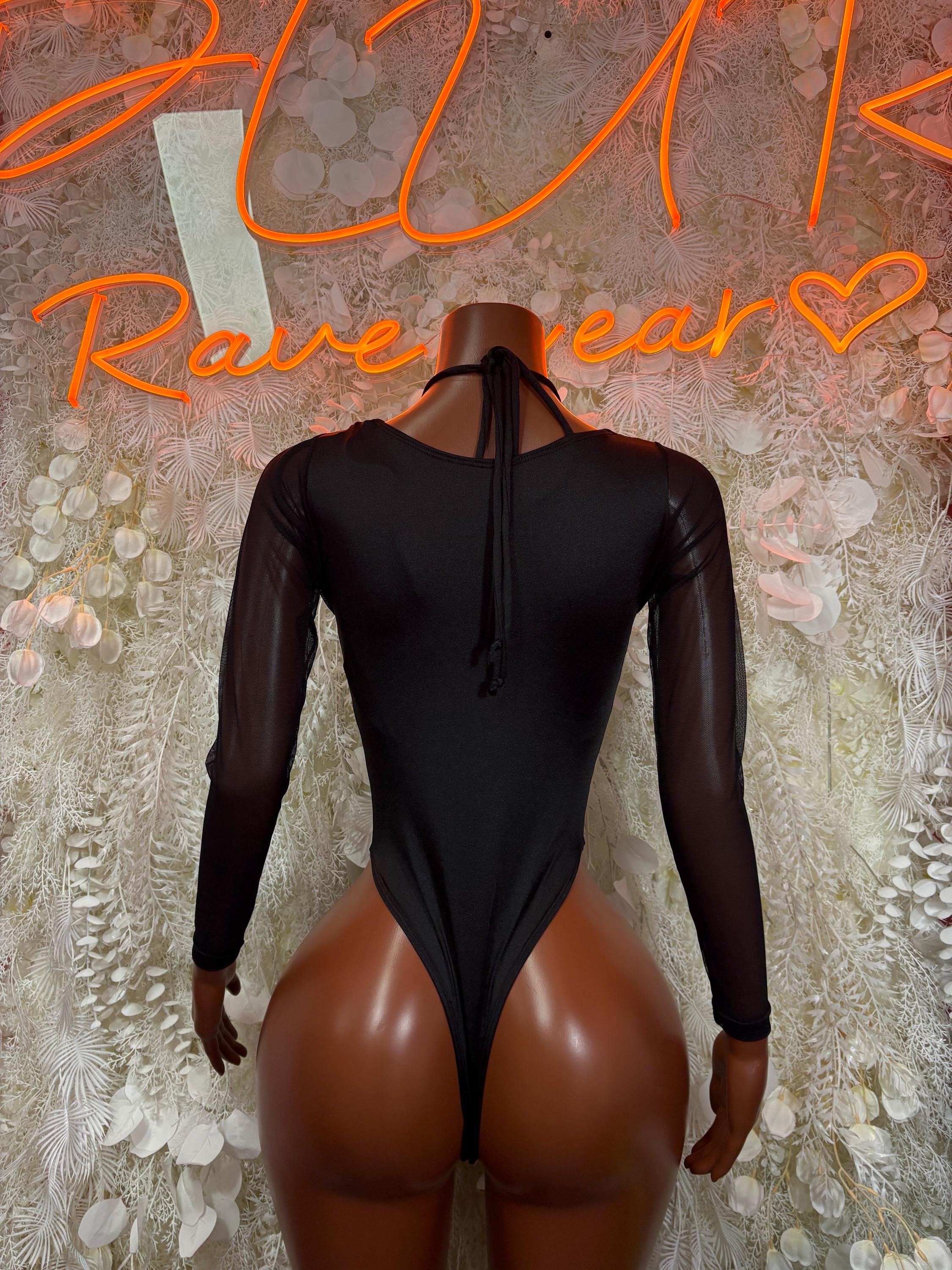 Black backless bodysuit with long mesh sleeves and neck tie