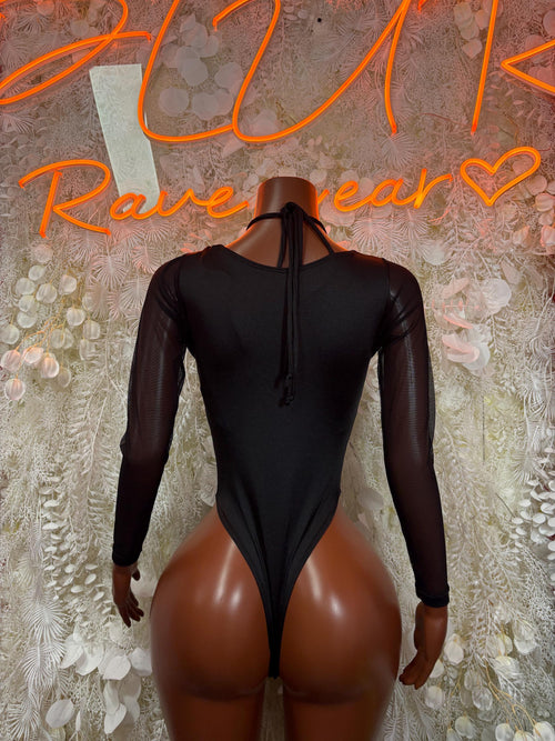 Black backless bodysuit with long mesh sleeves and neck tie